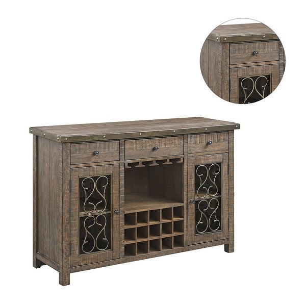 2 Doors and 3 Drawers Wood Server with Metal Hardware in Weathered Cherry