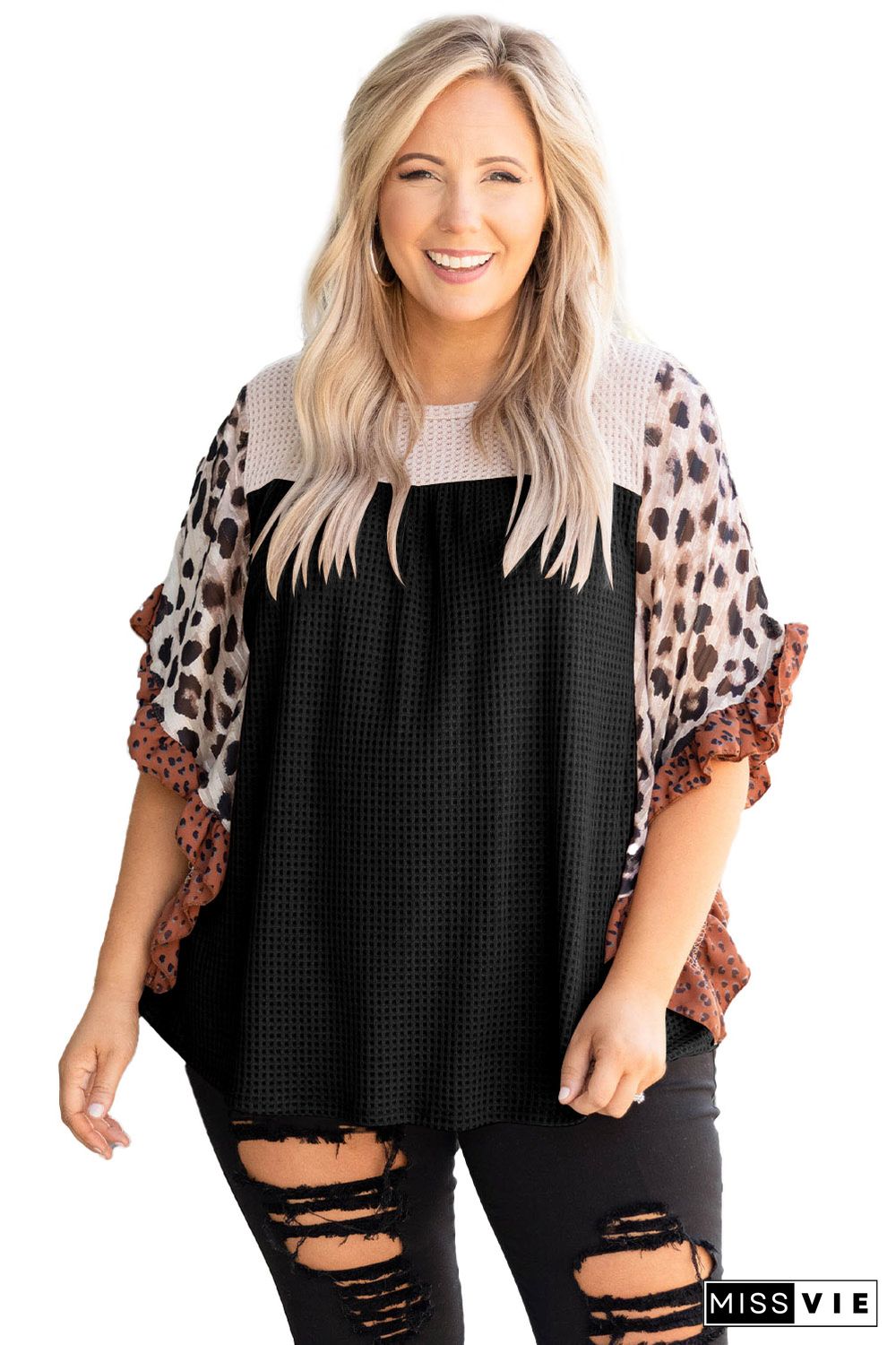 Black Waffle Knit Animal Print Ruffle Sleeves Plus Size Top