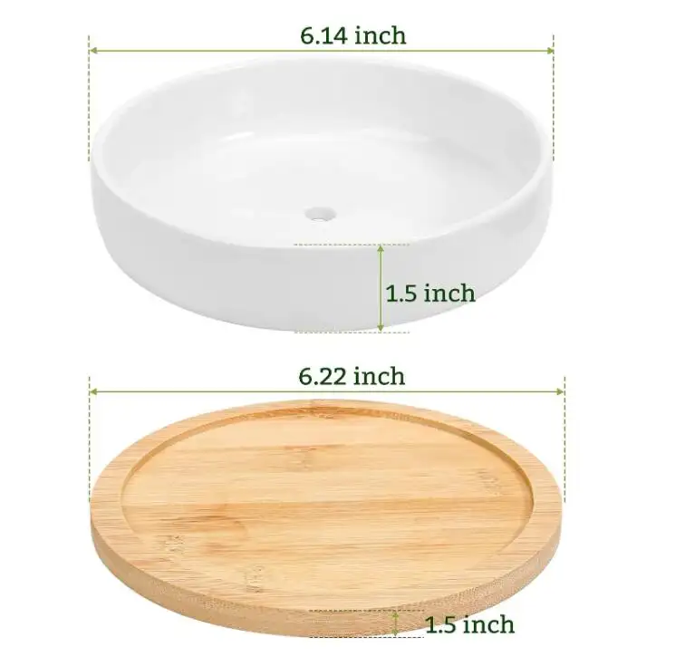 W925 Wholesale Succulent Pots Cactus Oval 6 inch White Ceramic Flower Planter Pot with Bamboo Tray Pack of 2 Set