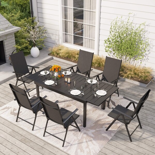 7/9Piece Patio Dining Set，1X Expandable Table，6/8 Folding Textilene Chairs