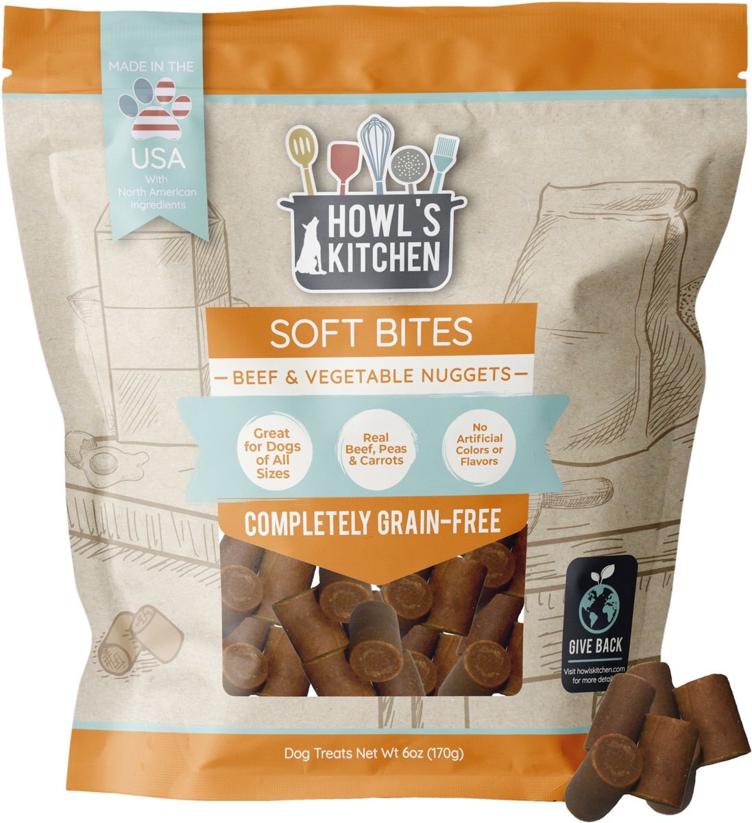 Howl's Kitchen Beef and Vegetable Dog Soft Chew Treat， 6-oz bag