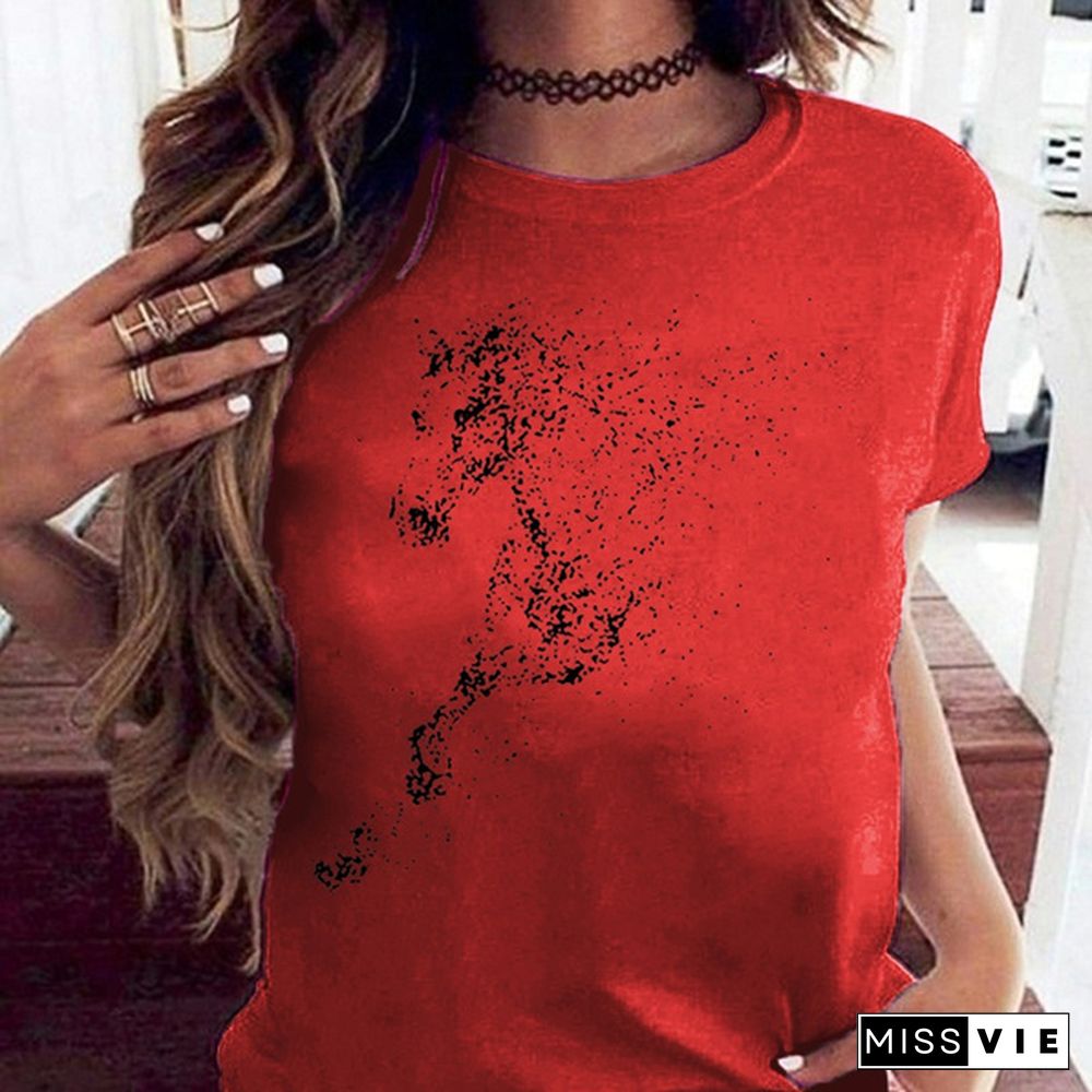 Cute Horse Print T Shirts for Women Summer Short Sleeved Tees Top Women's Round Neck Graphic Tshirts Casual Wear; Loose Fit Tees Woman Blouse Vestidos Mujer