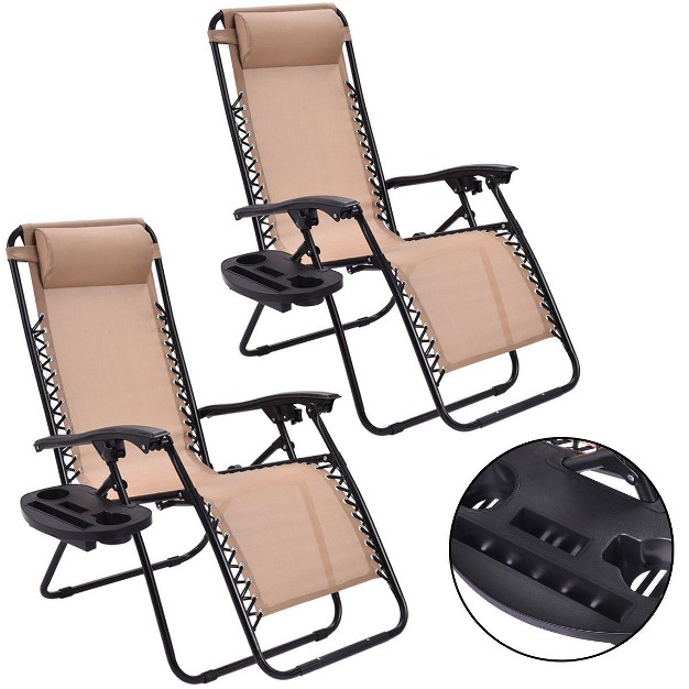 Costway 2pcs Zero Gravity Chairs Lounge Patio Folding Recliner Beige W cup Holder