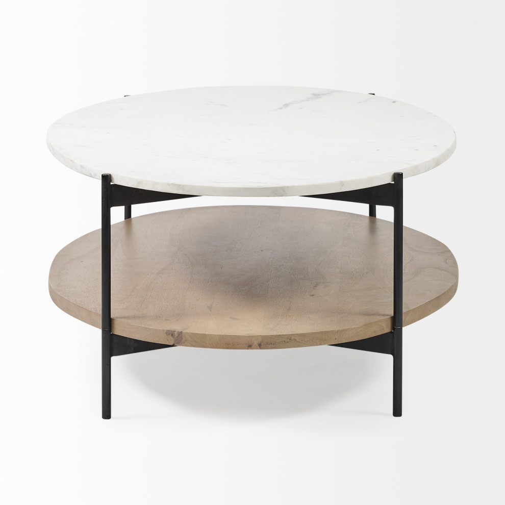 HomeRoots Oval White Marble Top and Black Metal Base Coffee Table W/ Wood Shelf   Transitional   Coffee Tables   by UStradeENT LLC  Houzz