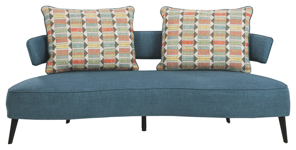 Fabric Upholstered Split Back Curved Sofa With Metal Legs  Blue   Midcentury   Sofas   by VirVentures  Houzz