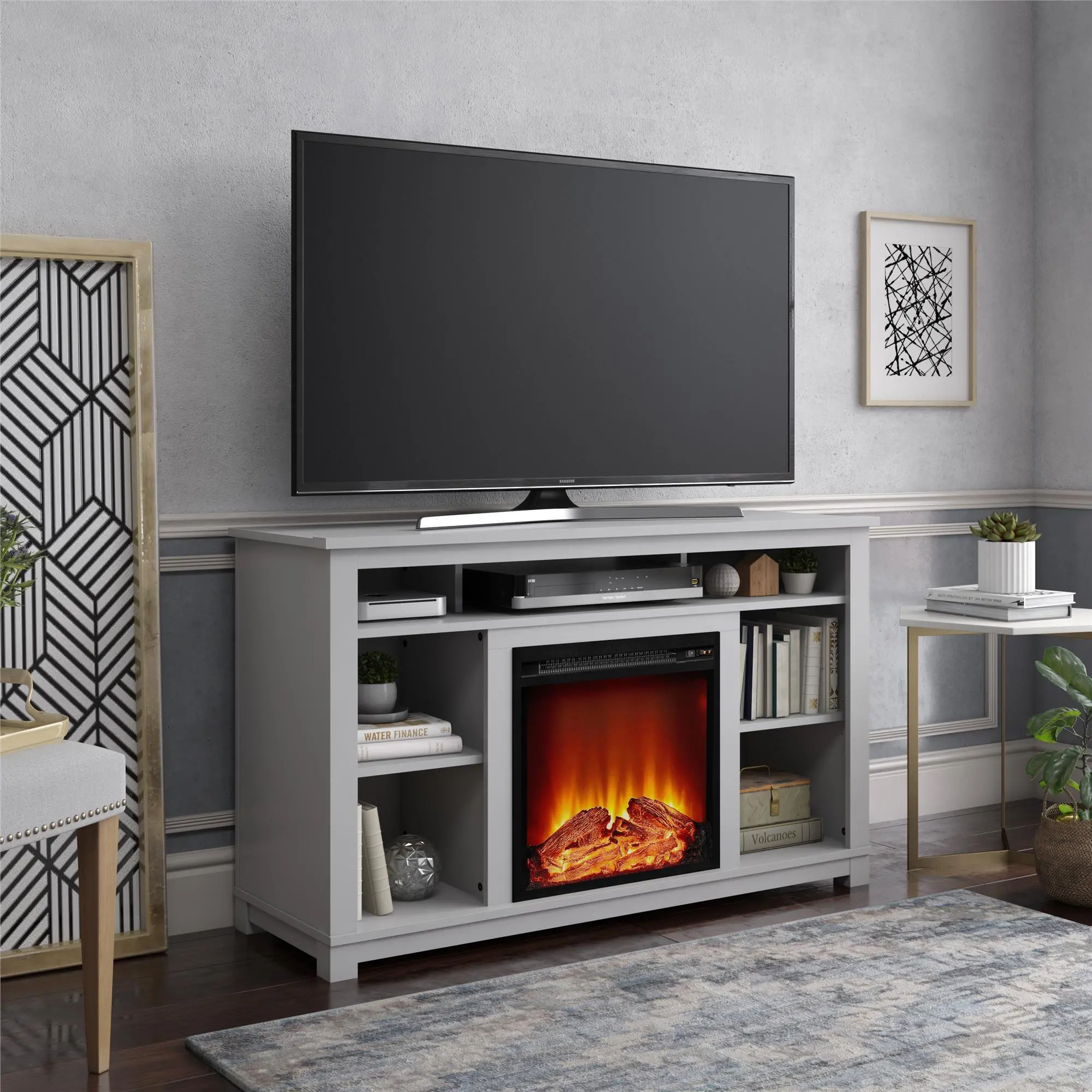 Edgewood Transitional Dove Gray TV Console with Fireplace