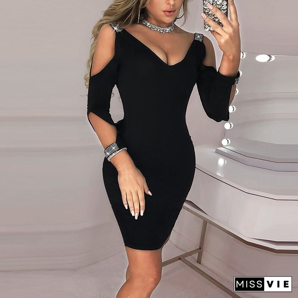 Back To School Outfit  Women Solid V-Neck New Summer Sexy Black Club Dress Mini Sequins Dresses Elegant For Female Robe  Vestidos Party Dress