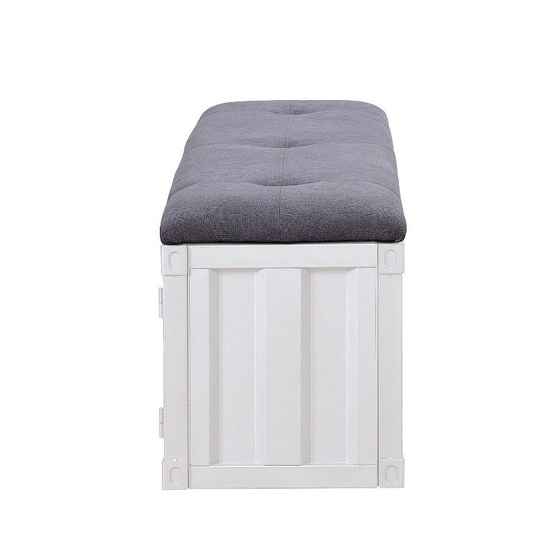 Metal Bench with Open Storage and Tufted Fabric Seat， White and Gray