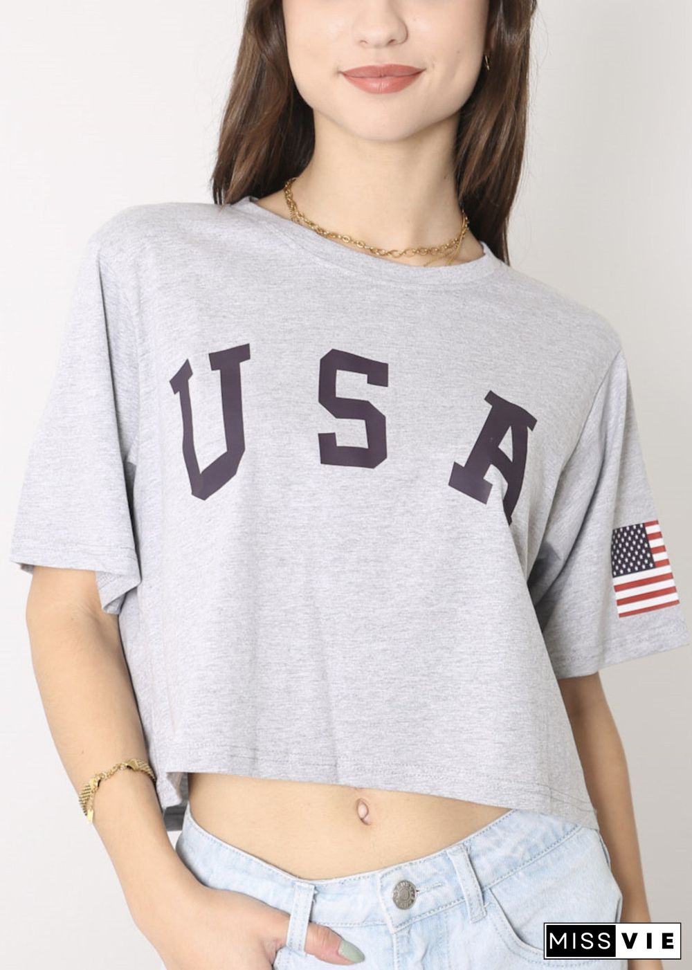 Anna-Kaci Women's Letter Print Crop Top Short Sleeve July 4th USA Flag T-Shirt