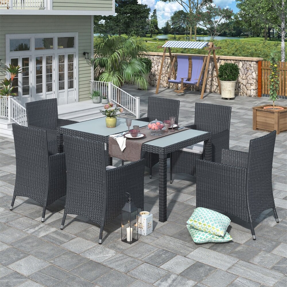 Leisure Zone 7 piece Outdoor Wicker Dining Set with Beige Cushion