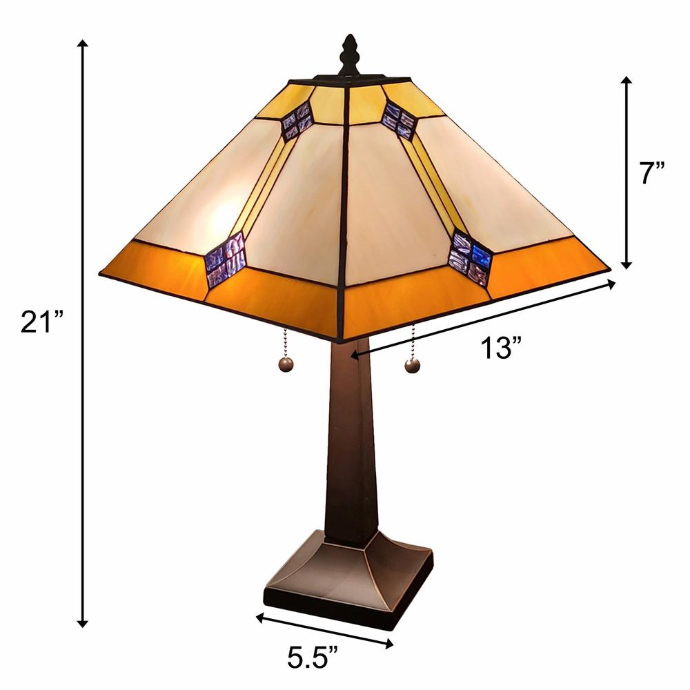 21" Amber Cream and Blue Stained Glass Two Light Mission Style Table Lamp