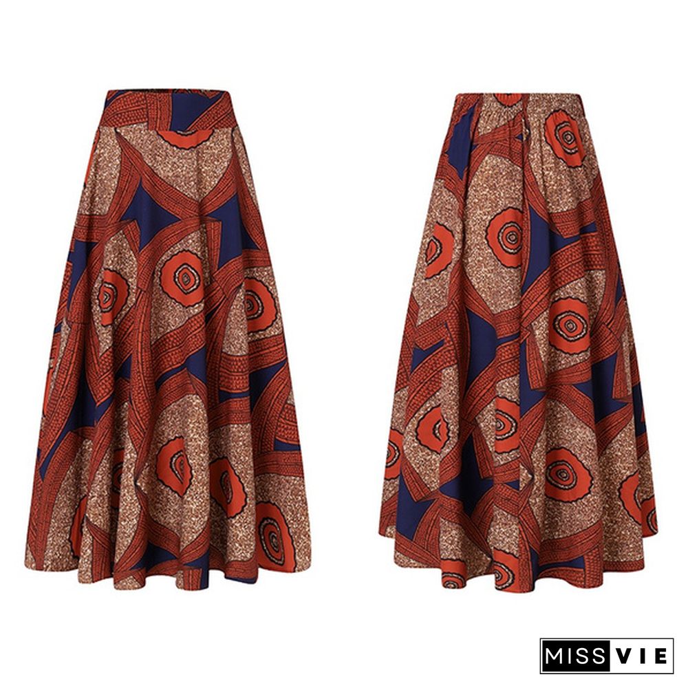 Women's Fashion Long Skirt Dress Geometric Print Casual High Waist Elastic Swing Umbrella Skirts Plus Size