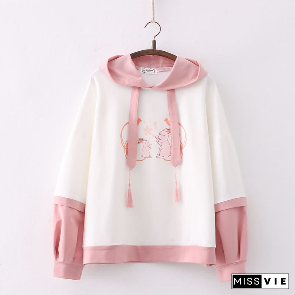 Colorblock Bunny Sakura Print Loose Hoodie