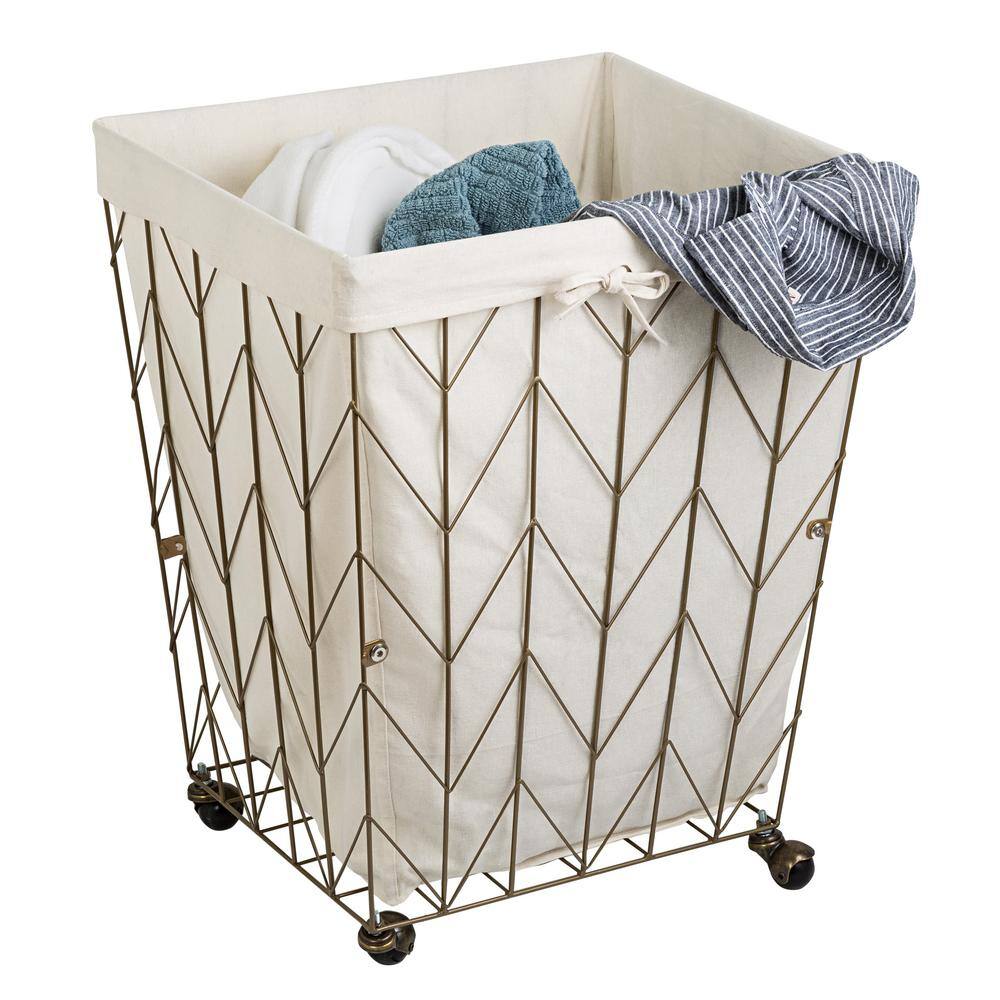 Honey-Can-Do Antique Bronze Chevron Rolling Steel Wire Hamper with Cotton Liner HMP-09093