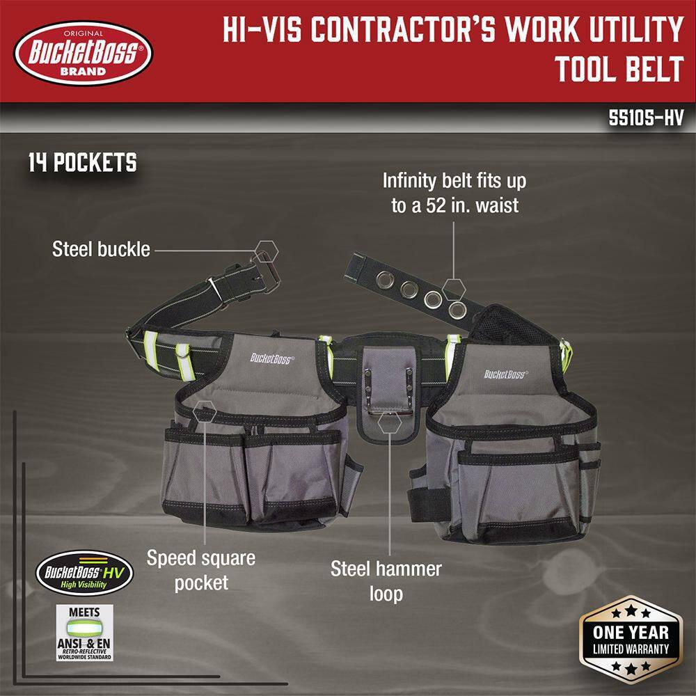 BUCKET BOSS 2-Bag Adjustable High Visibility Contractor's Work Tool Belt 55105-HV