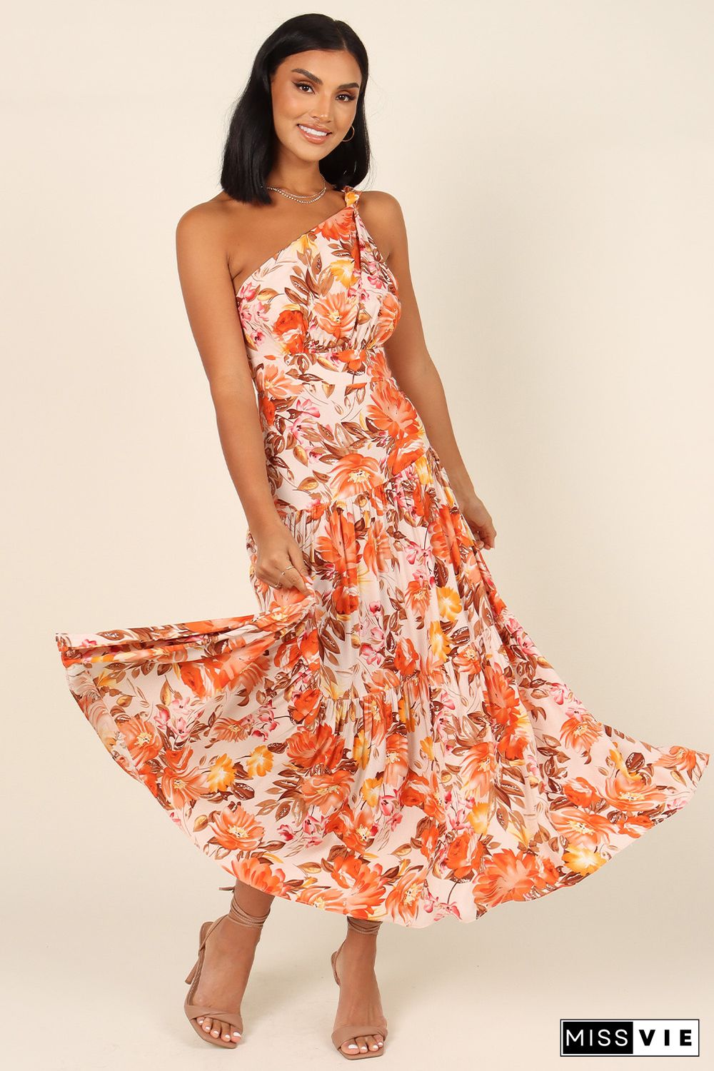 Orange Floral Print Pleated One Shoulder High Waist Maxi Dress