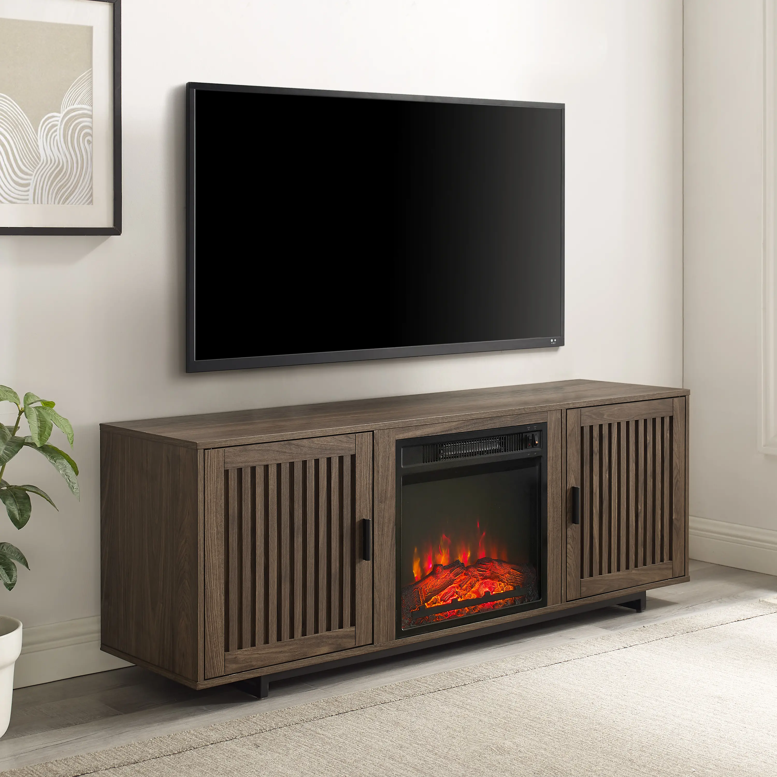 Silas 58 Walnut TV Stand with Fireplace