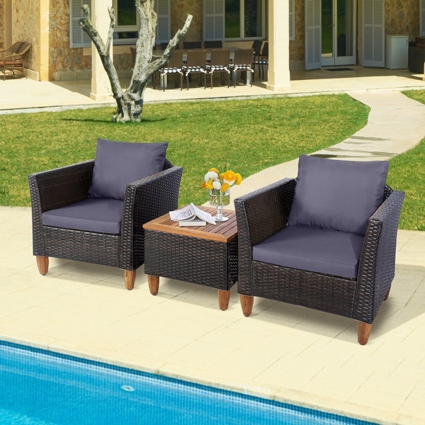 3 Pcs Outdoor Patio Rattan Furniture Set Wooden Table Top Cushioned Sofa