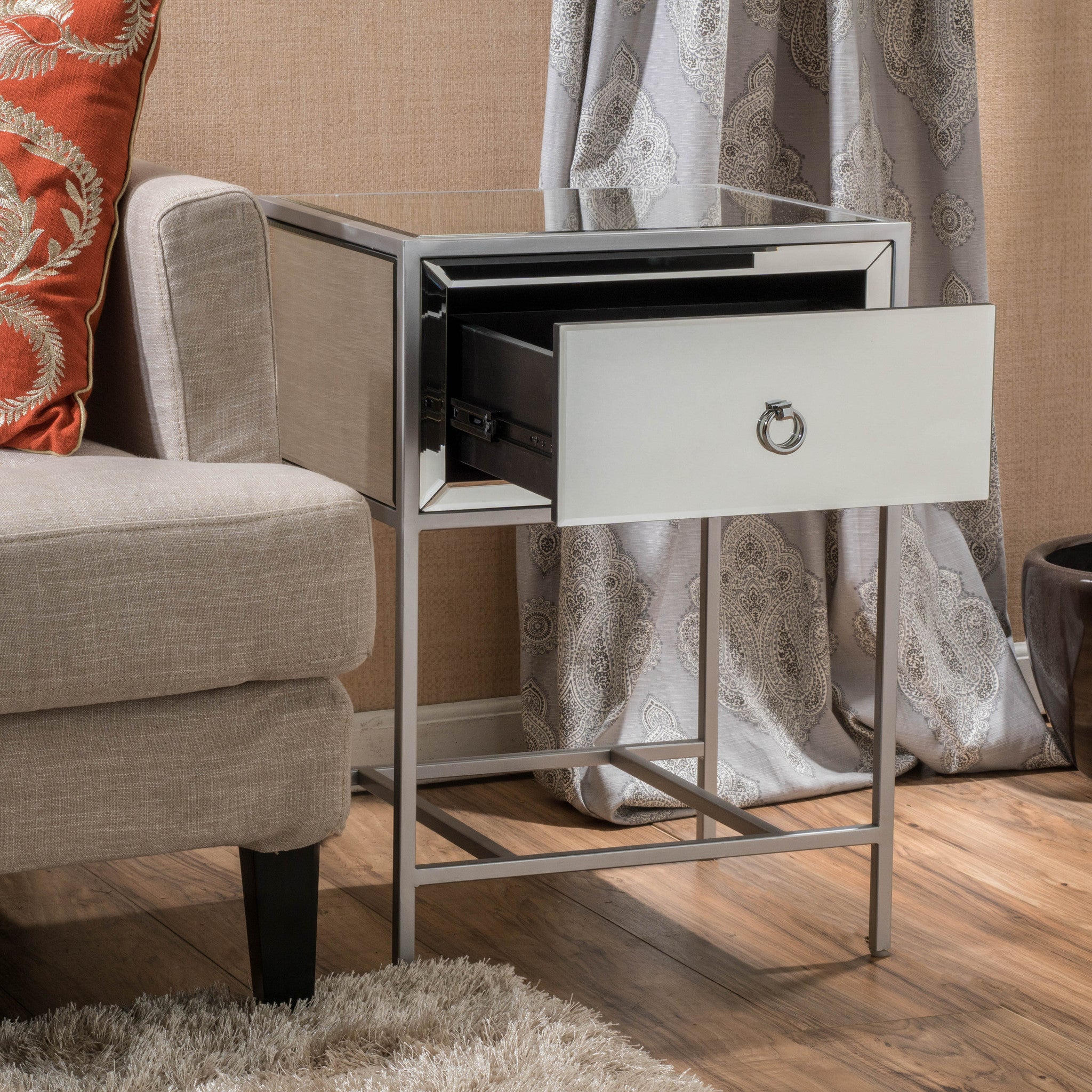 Athena Mirrored Silver 1 Drawer Side Table