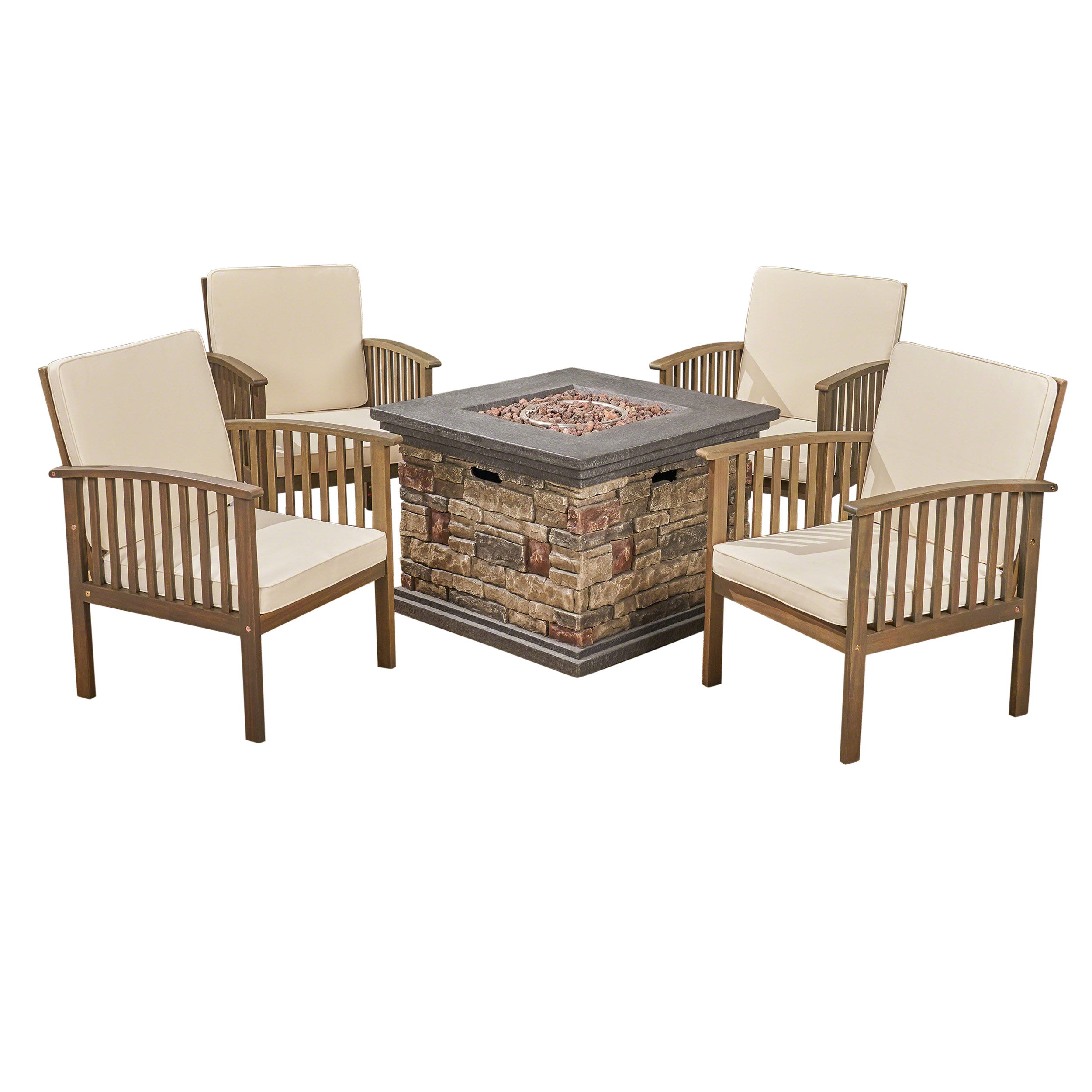 Cape Outdoor 4-Seater Acacia Wood Club Chairs with Firepit, Brown Patina Finish and Cream and Stone