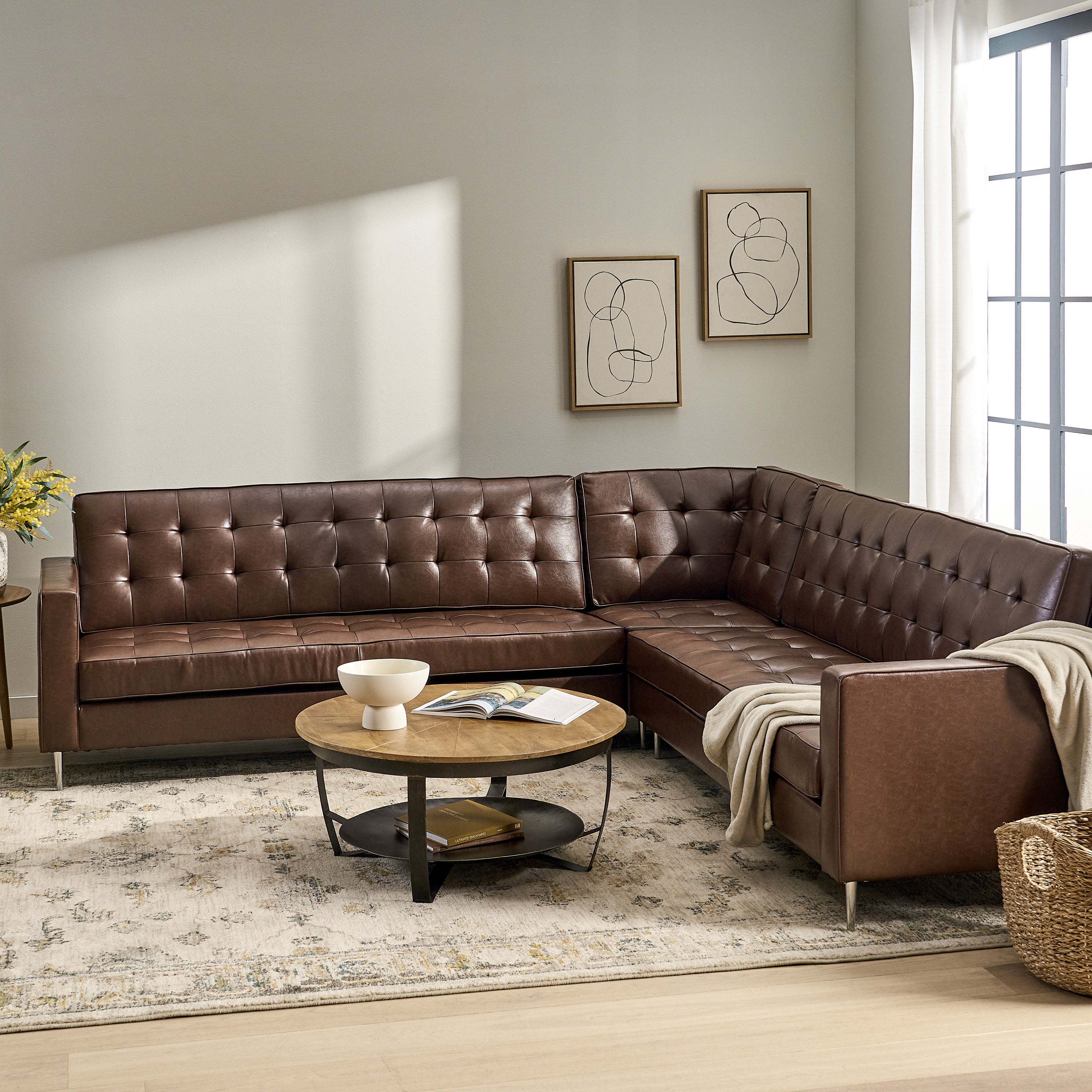 Goliath Contemporary Faux Leather Tufted 5 Seater Sectional Sofa Set