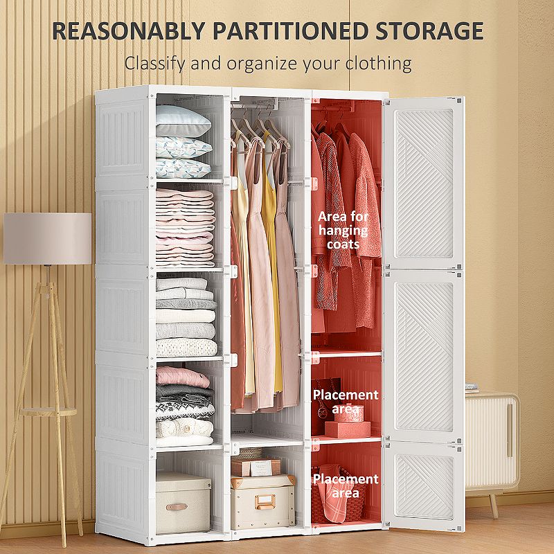 HOMCOM Portable Wardrobe Closet， Bedroom Armoire， Foldable Clothes Organizer with Cube Storage， Hanging Rods， and Magnet Doors， White