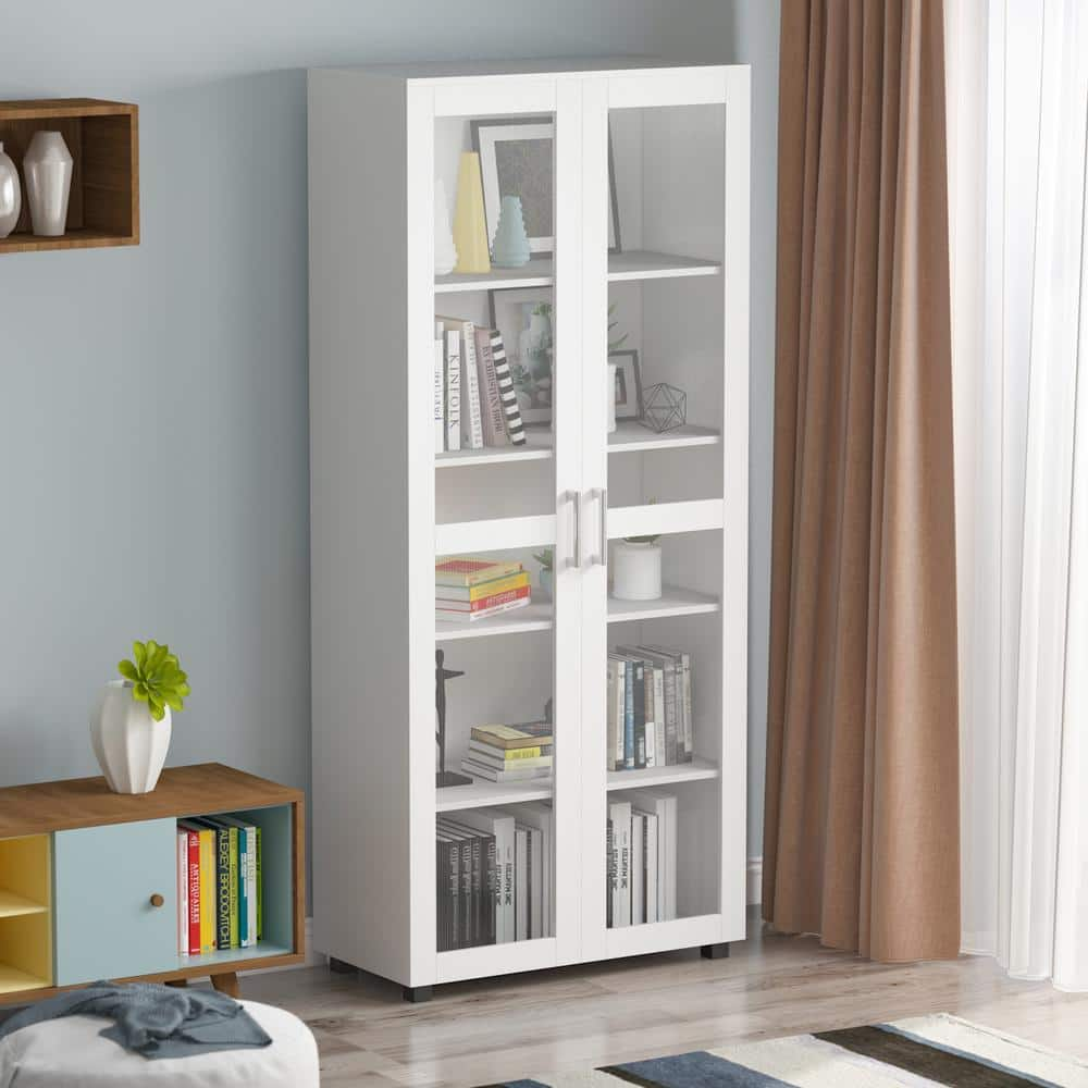 FUFUGAGA 72 in. H White Wood 5-Shelf Standard Bookcase Bookshelf Cabinet with 2-Door KF200050-01-ddd