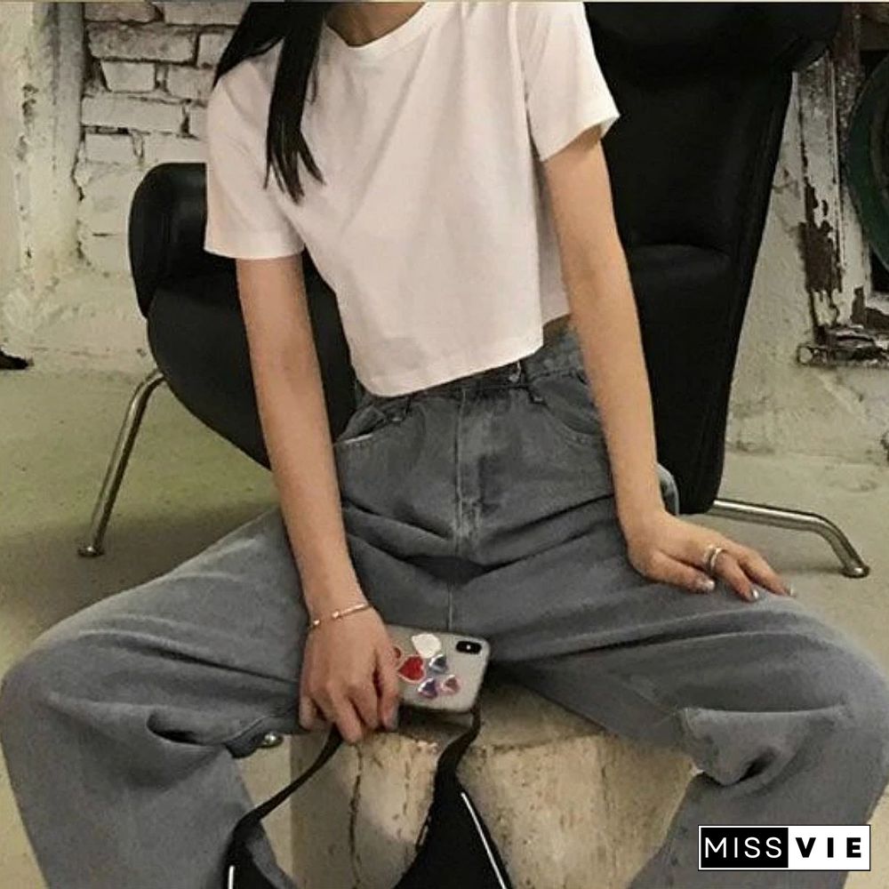 T-shirt Women Cropped Solid Sexy Minimalist Hot Sale Slim Casual Fashion Preppy Chic Basic Tops Korean Style Streetwear Popular