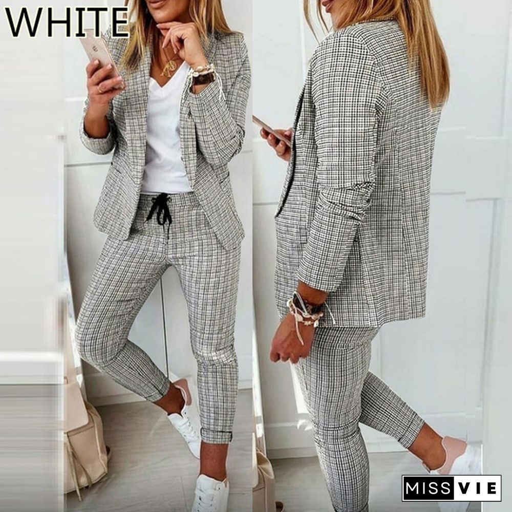 Women Elegant Long Sleeve Blazer Sets Lapel Neck Blazer Coat & Drawstring Pants Set Two Piece Outfits For Women