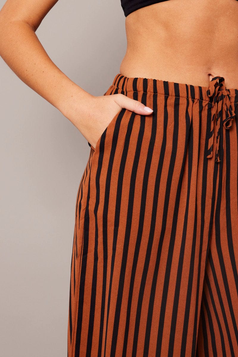 Brown Stripe Wide Leg Pants High Rise