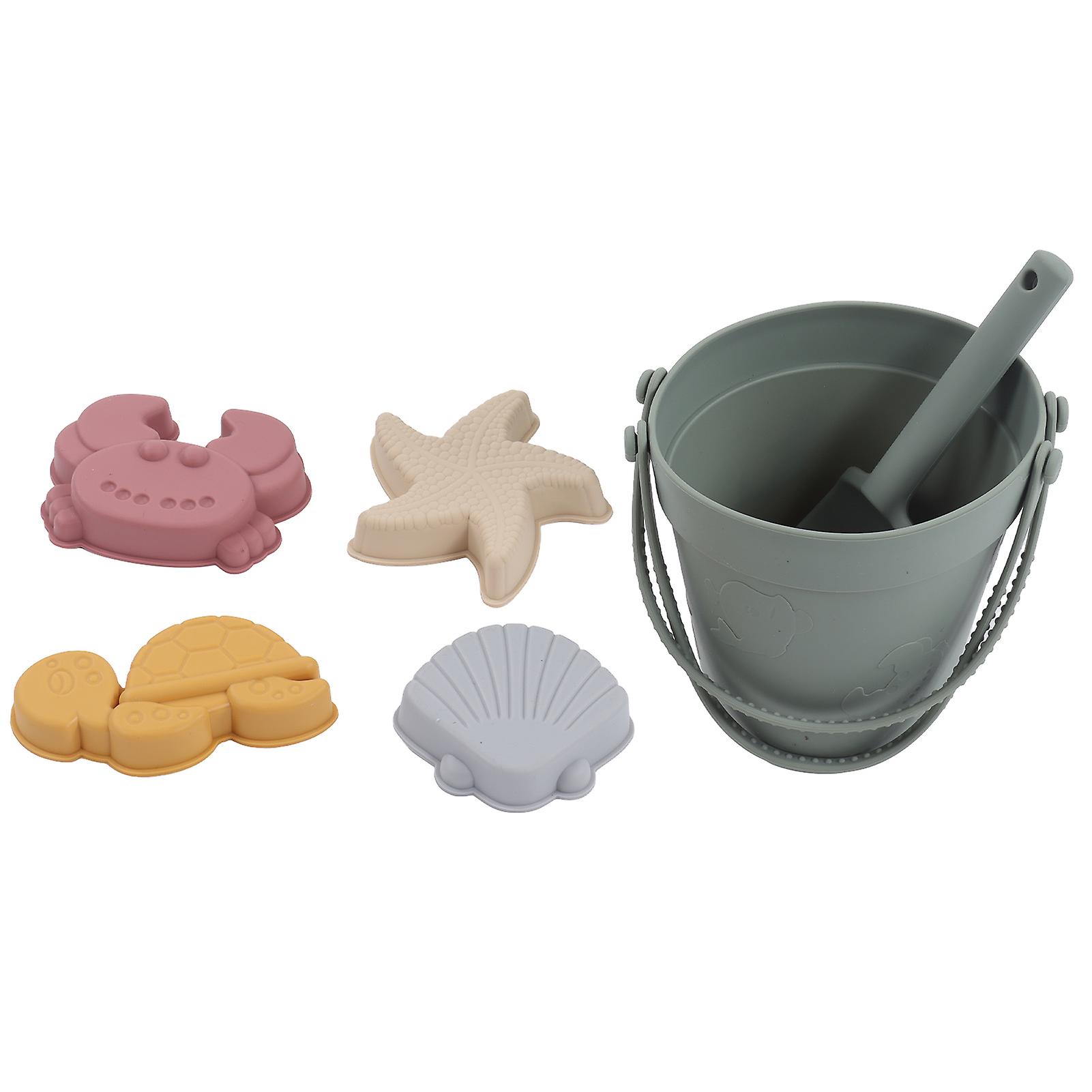 Silicone Beach Toys Baby Sand Play Toys Set Includes Silicone Bucket Animal Model Sand Shovel StringOlive Green