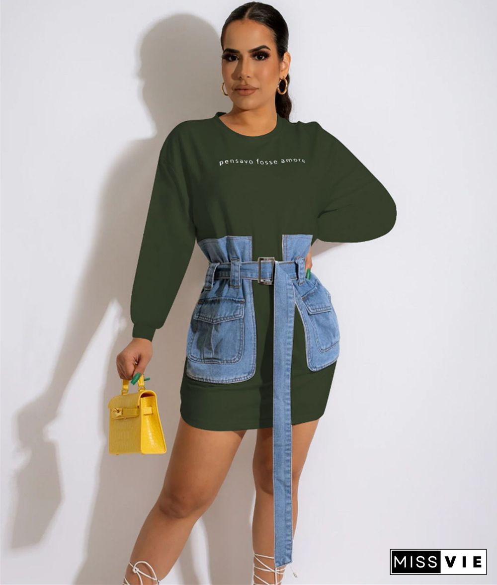 Long Sleeve Denim Patchwork Dress with Belt