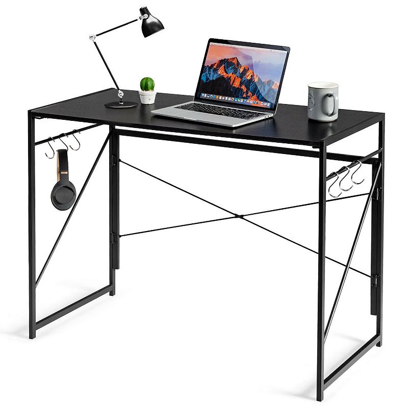 Folding Computer Desk Writing Study Desk Home Office with 6 Hooks