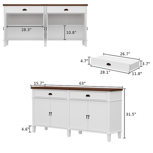 White Lacquer Buffet Cabinet Storage Credenza Console Table Cupboard - 63INCH