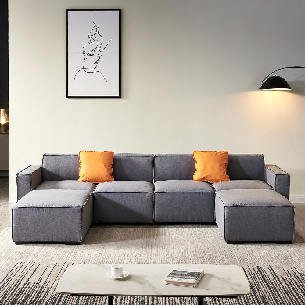 U Shape Convertible Modular Sectional Sofa with Reversible Ottoman