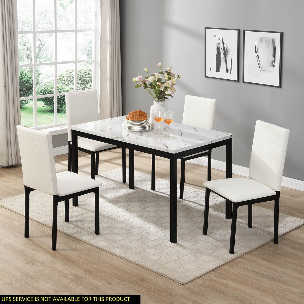 5pc Dining Set  Faux Marble Top Table and 4x Side Chais  Metal Frame Dining Furniture