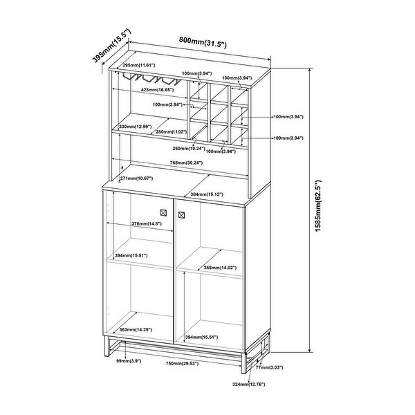 Wooden Wine Cabinet with Wine Rack in Rustic Oak and Herrinbone Finish