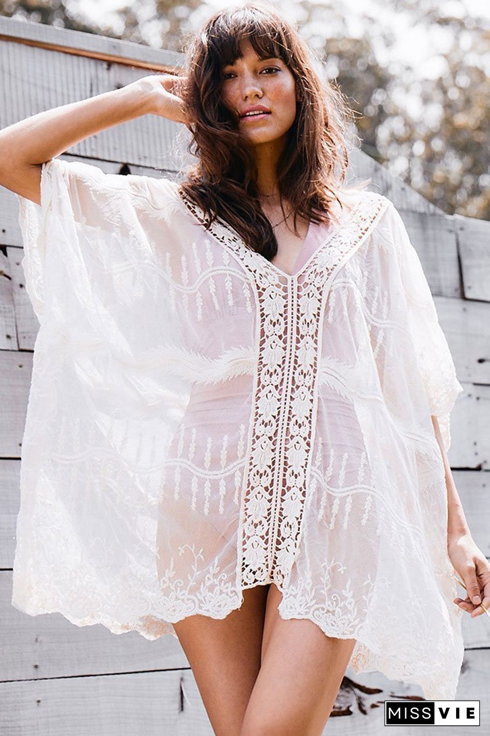 Floral Lace Crochet Sleeved Sheer Kaftan Cover Up