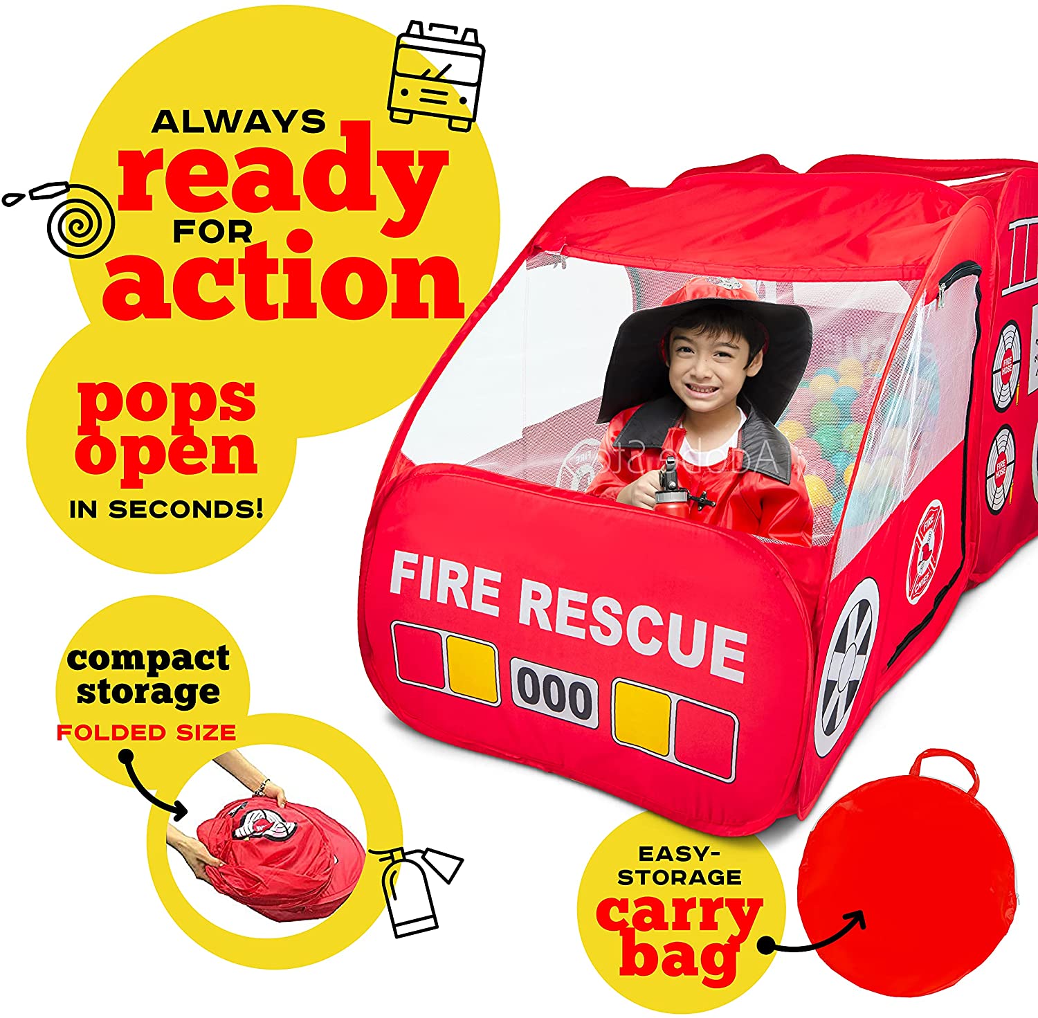 Fire Truck Pop Up Play Tent | Siren Sound Button | Firefighter Costume, Jacket and Hat– Red Fire Engine Playhouse for Kids, Toddlers, Boys, Indoors and Outdoors – Quick Setup Pretend Play Toys and Gift