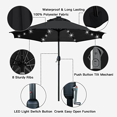 Sunnyglade 9′ Solar LED Lighted Patio Umbrella with 8 Ribs/Tilt Adjustment and Crank Lift System (Black)