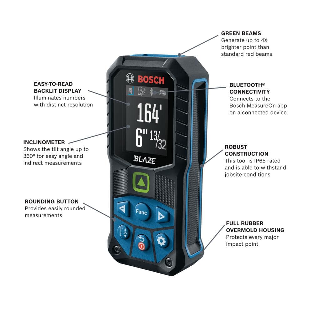 Bosch BLAZE 165 ft. Green Laser Distance Tape Measuring Tool with Bluetooth, Haptic Feedback, and Measurement Rounding GLM165-27CG