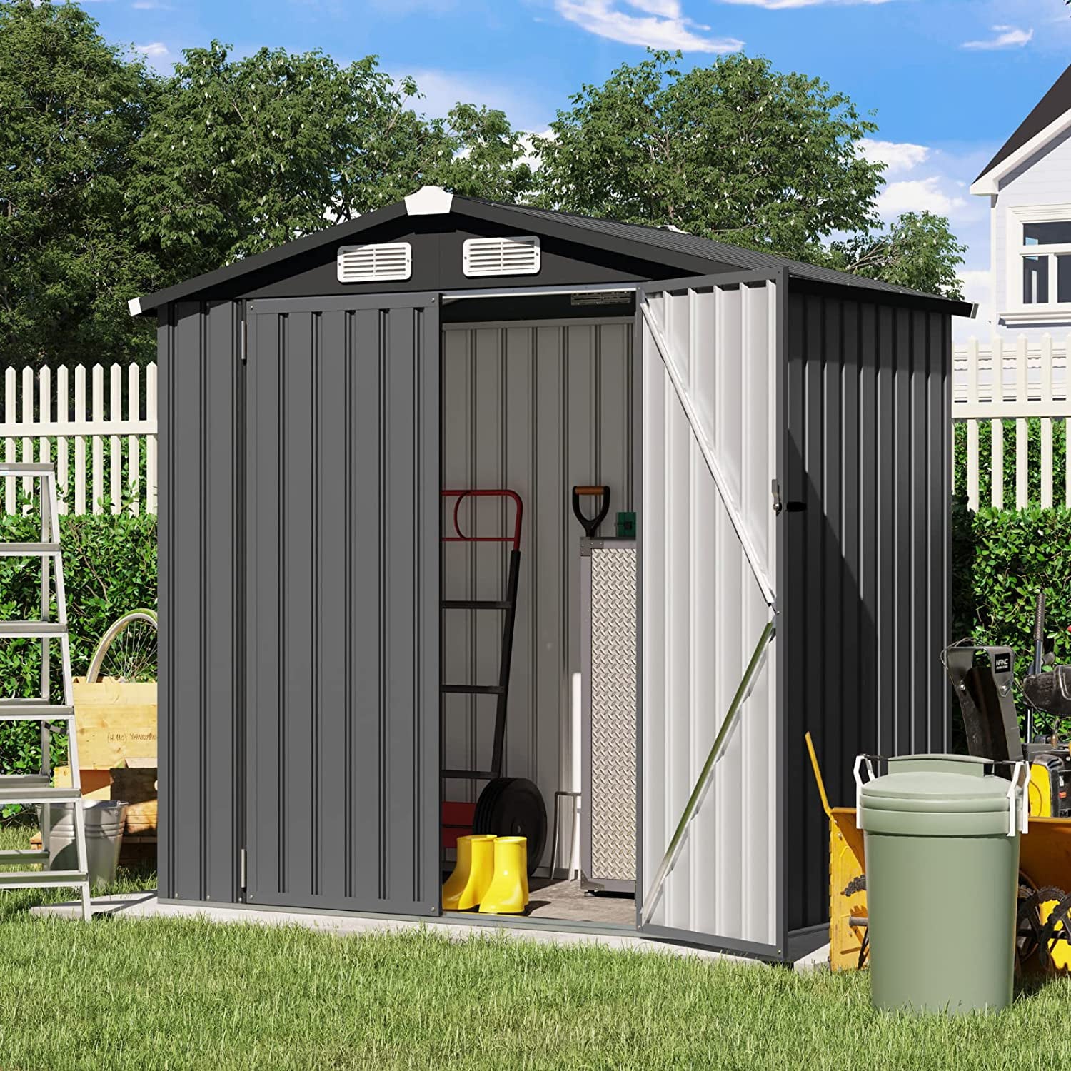 Outdoor Storage Shed, 6'x4' Galvanized Metal Steel Weather Resistant Garden Shed for Bike, Garbage Can, Lawnmower, Tool Storage Shed W/Lock, Black