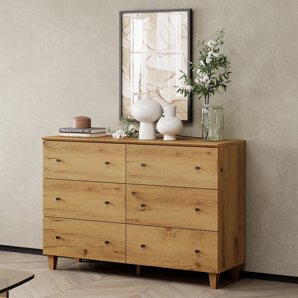 6 Drawers Dresser for Bedroom  Wooden Wide Chest of Drawers