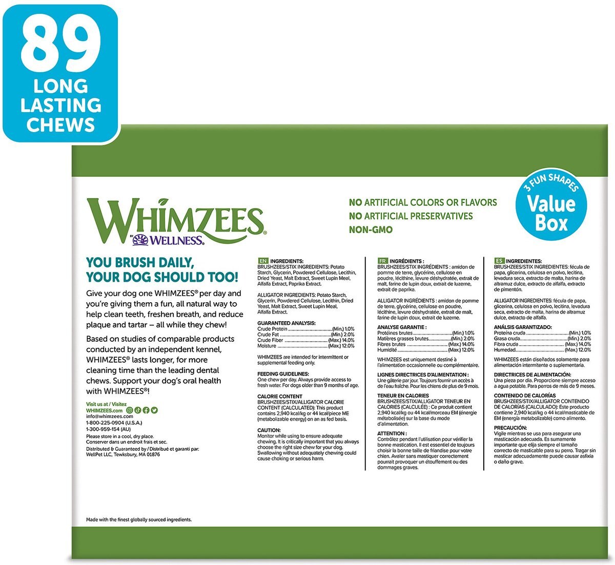 WHIMZEES Natural Dental Chews Small Breed Value Box Dog Treats， 89 count