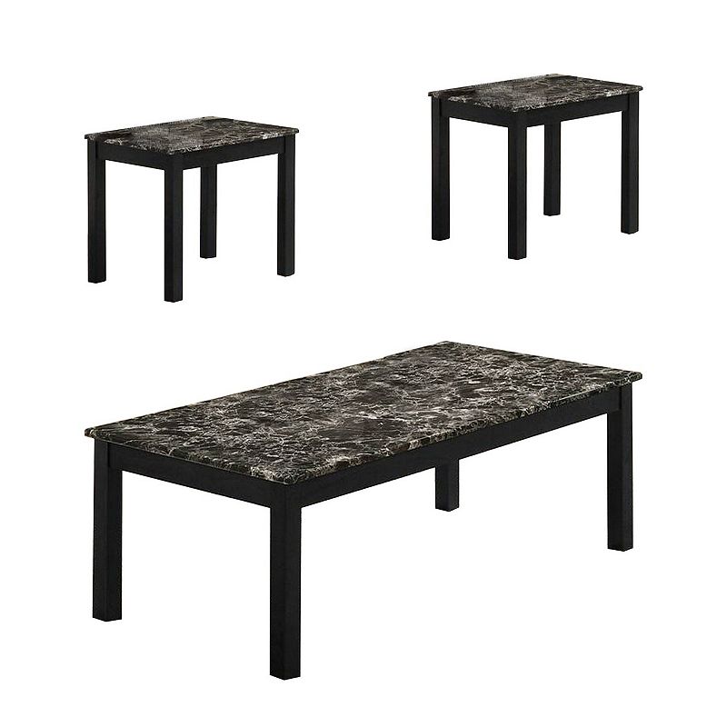 3 Piece Coffee Table and End Table with Faux Marble Top， Black