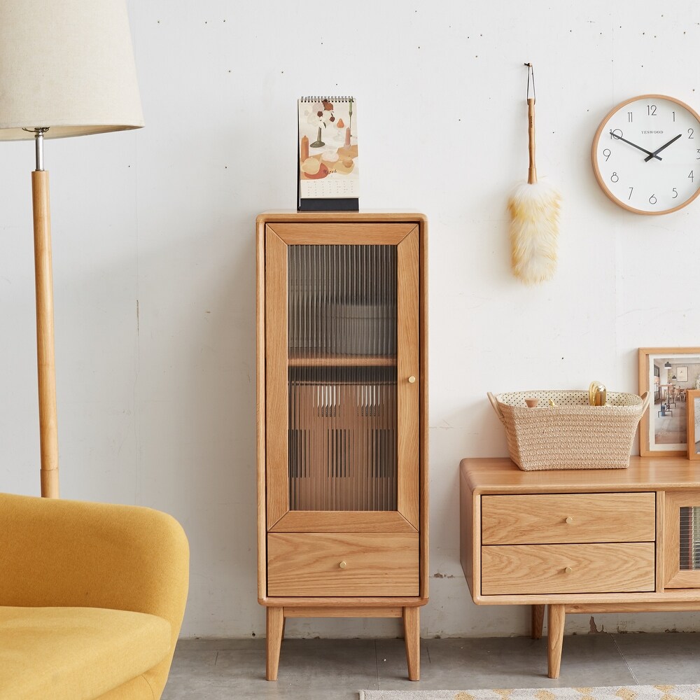 Solid Oak Storage Cabinet for Living Room   Free Standing Corner Cabinets Storage Table with Vintage Glass Door