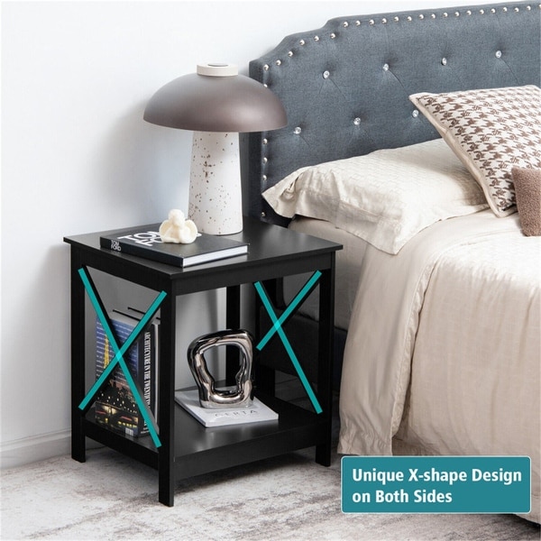 2 Tier Side Table with X Shape Design and 4 Solid Legs