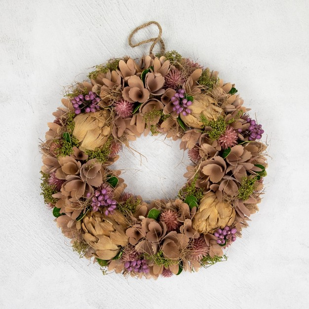 Purple And Beige Wooden Floral Spring Wreath With Preserved Artichoke