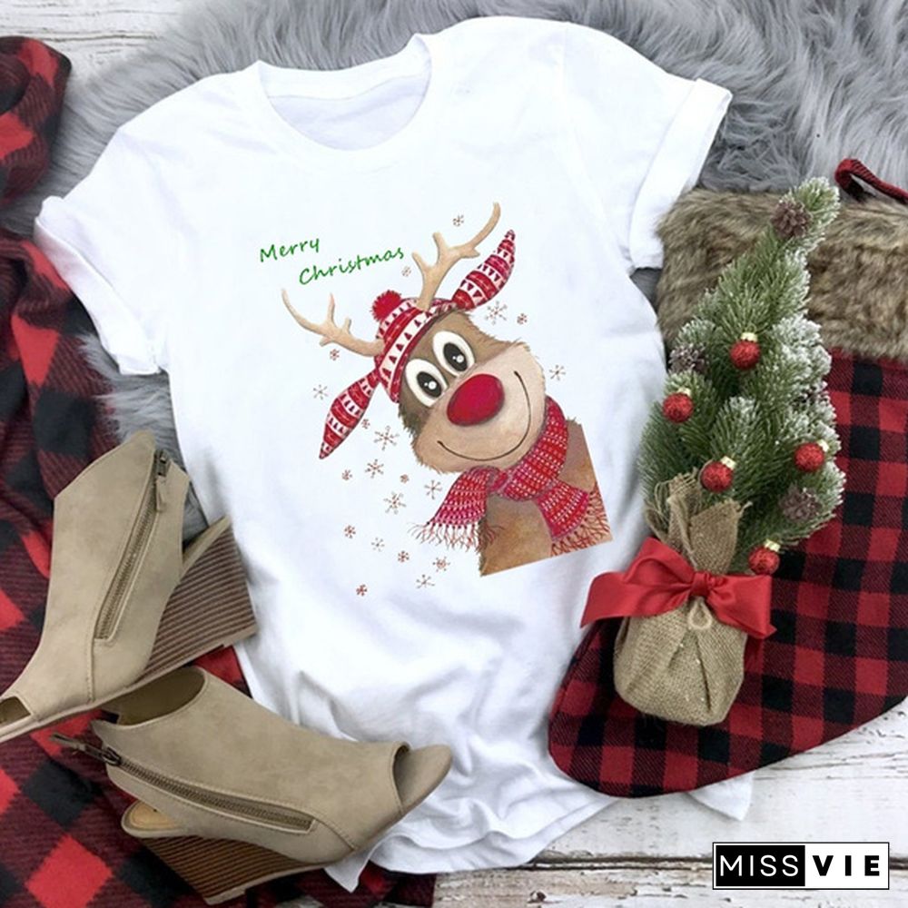 Christmas Women's Fashion Short Sleeve Casual O-neck Deer Ans Merry Christmas Printing Cotton T-shirt Tops