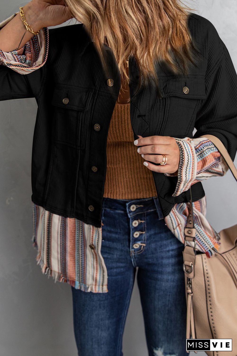 Black Button Up Pockets Striped Color Block Corduroy Jacket